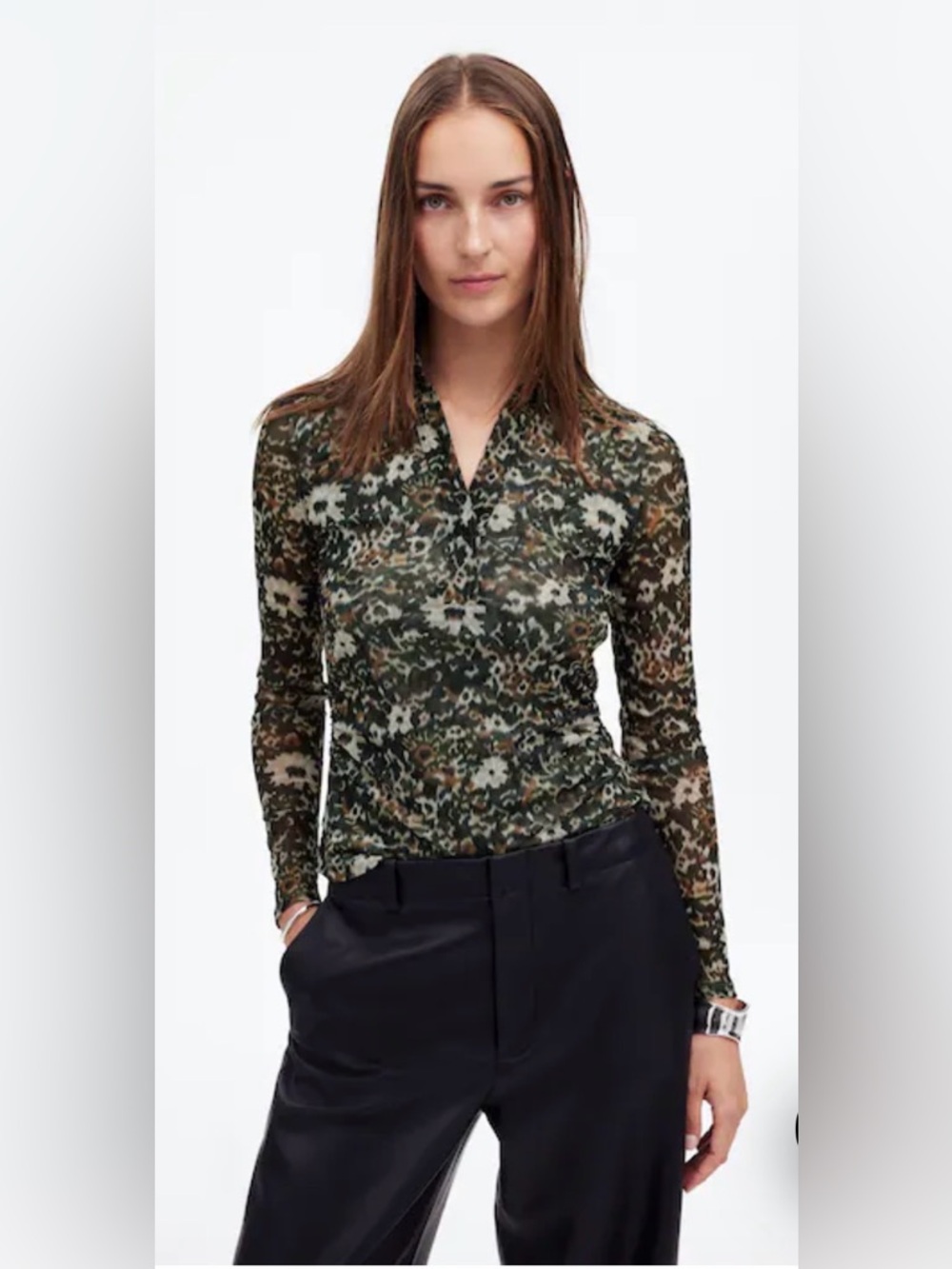 Madewell Floral Mesh Long Sleeve Polo Top Ruched Sides Olive Green Brown XL